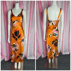 Reformation Marguerite 100% Silk Midi Electra Orange Floral Dress Size Small